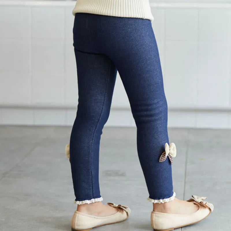 Calça Legging Infantil Grossa para Inverno - Jeans com Laço para Meninas