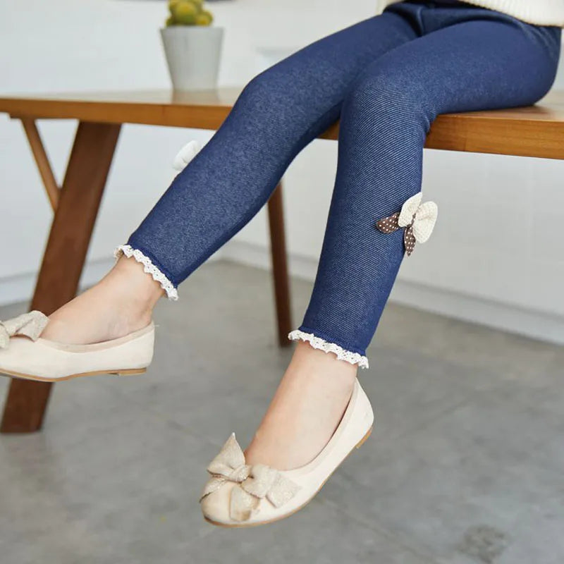 Calça Legging Infantil Grossa para Inverno - Jeans com Laço para Meninas