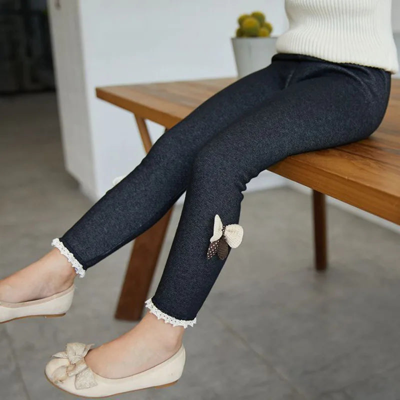 Calça Legging Infantil Grossa para Inverno - Jeans com Laço para Meninas