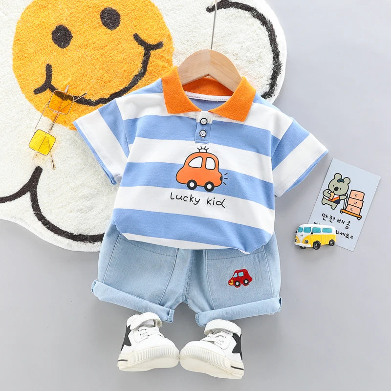 Conjunto Infantil - Polo Carrinho e Shorts Jeans - 2 Peças