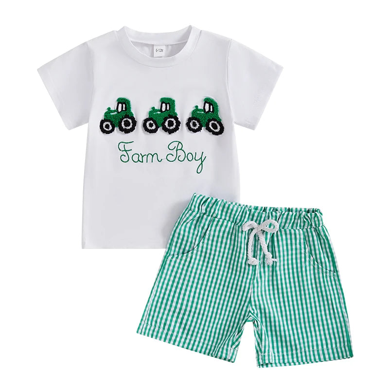 Conjunto Bebê Menino - Camiseta Bordado Trator e Shorts Xadrez (2 Peças)