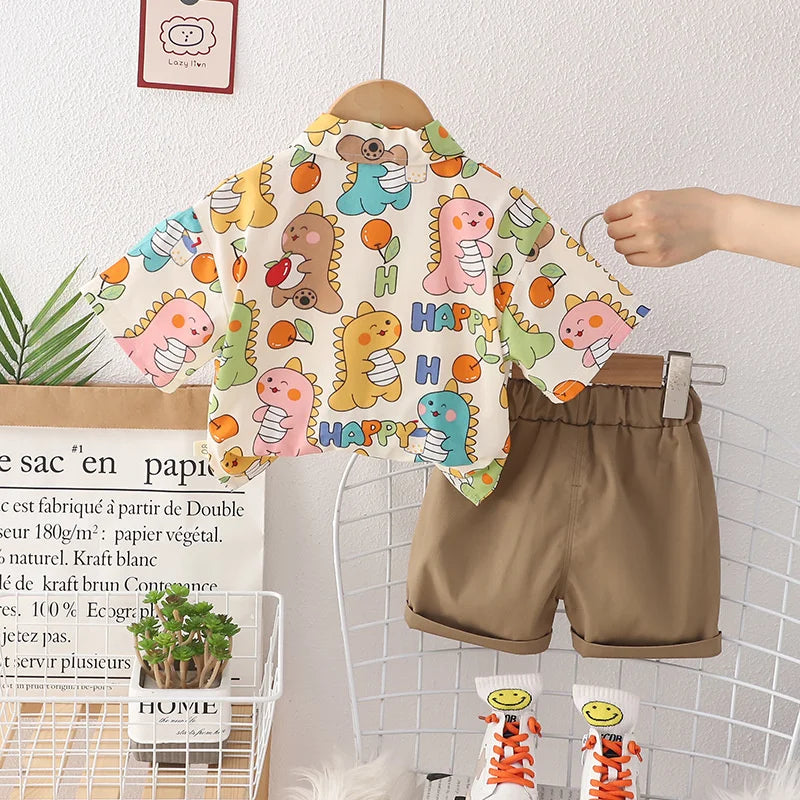 Conjunto Infantil Verão - Camisa Estampada Bebês Dinossauros e Shorts Casuais (2 Peças)