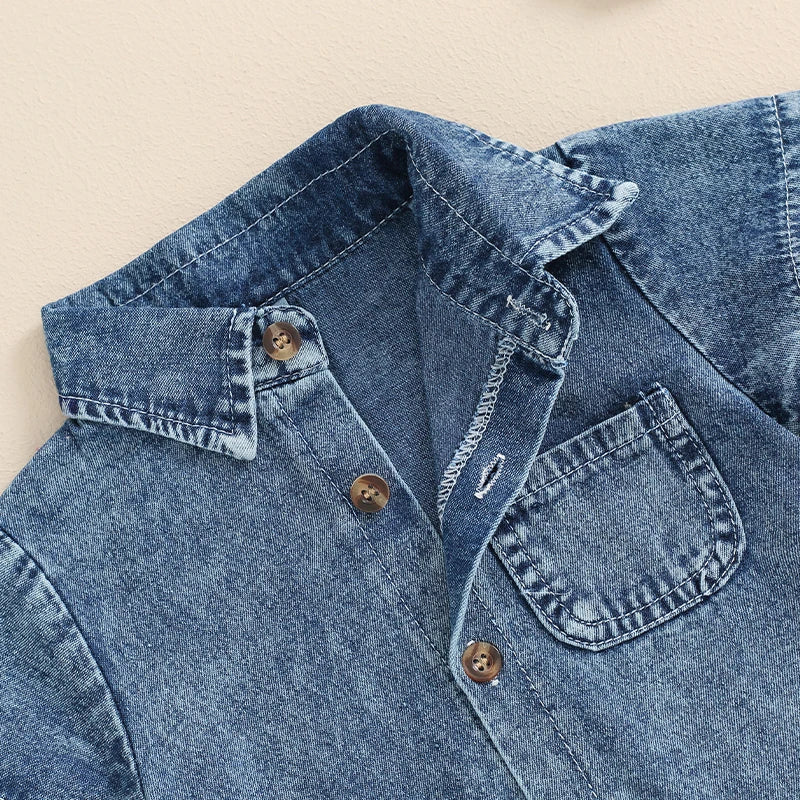 Macacão Bebê Unissex - Jeans de Manga Curta com Gola e Botões