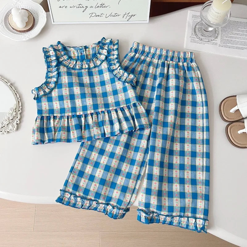 Conjunto Infantil Feminino Verão 3 Peças Xadrez
