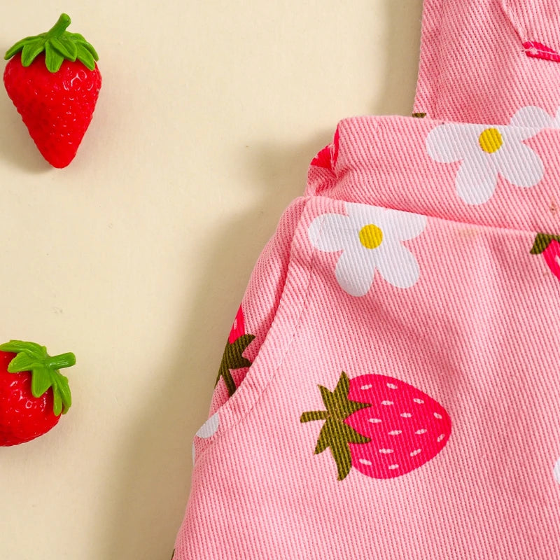 Jardineira Infantil Menina - Jeans com Estampa de Flores e Morangos