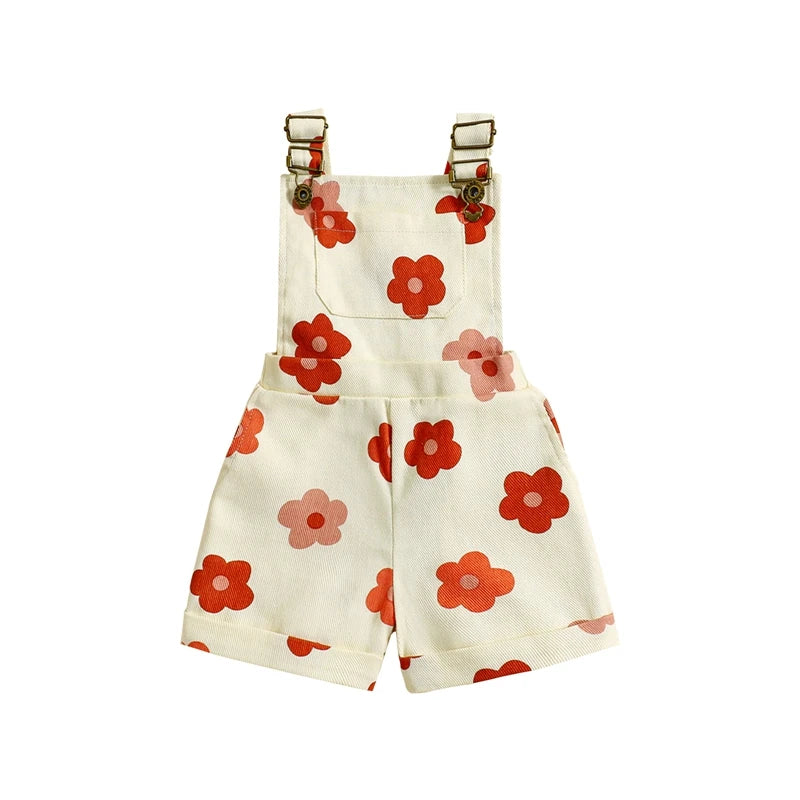 Jardineira Infantil Menina - Jeans com Estampa de Flores e Morangos