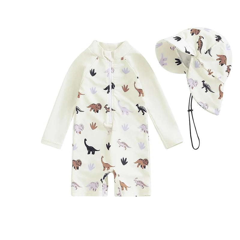 Maiô Infantil Estampado com Touca - Tartaruga/Dinossauro