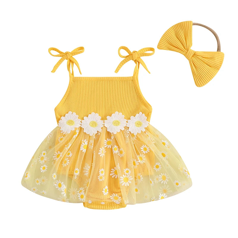 Conjunto Bebê Menina - Body sem Mangas e Vestido Estampa Margarida com Lacinho