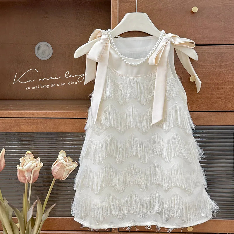 Vestido Infantil Princesa com Franjas - Branco Casual