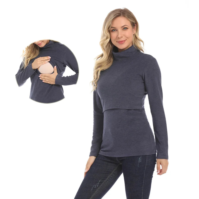Blusa Manga Longa e Gola Alta para Amamentação