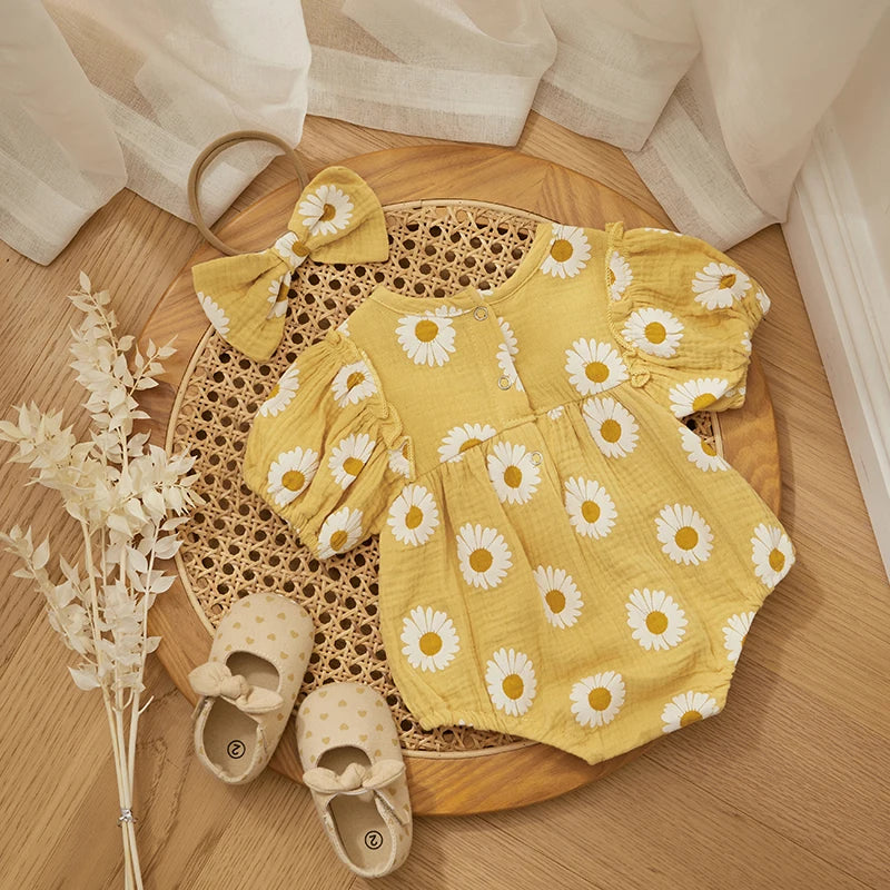 Body Bebê Menina - Estampa Margarida com Faixa de Cabelo