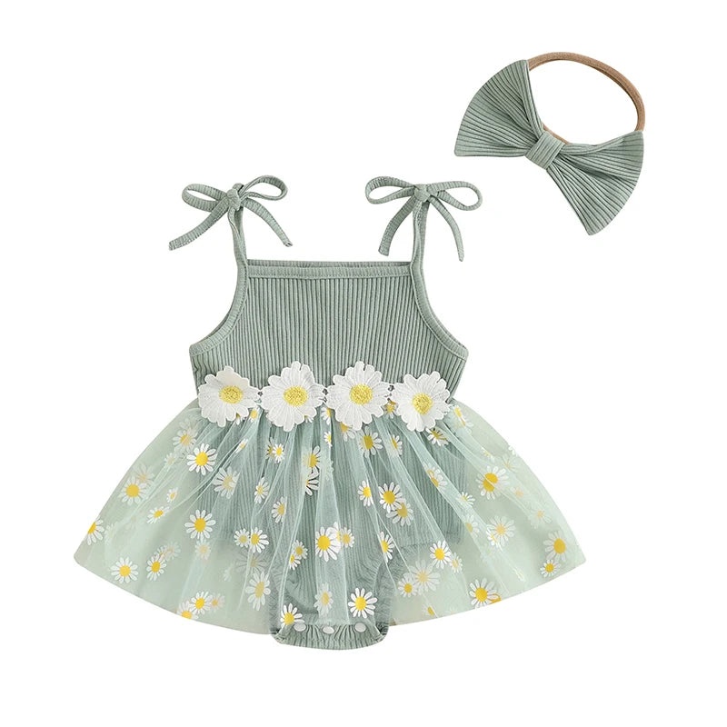 Conjunto Bebê Menina - Body sem Mangas e Vestido Estampa Margarida com Lacinho