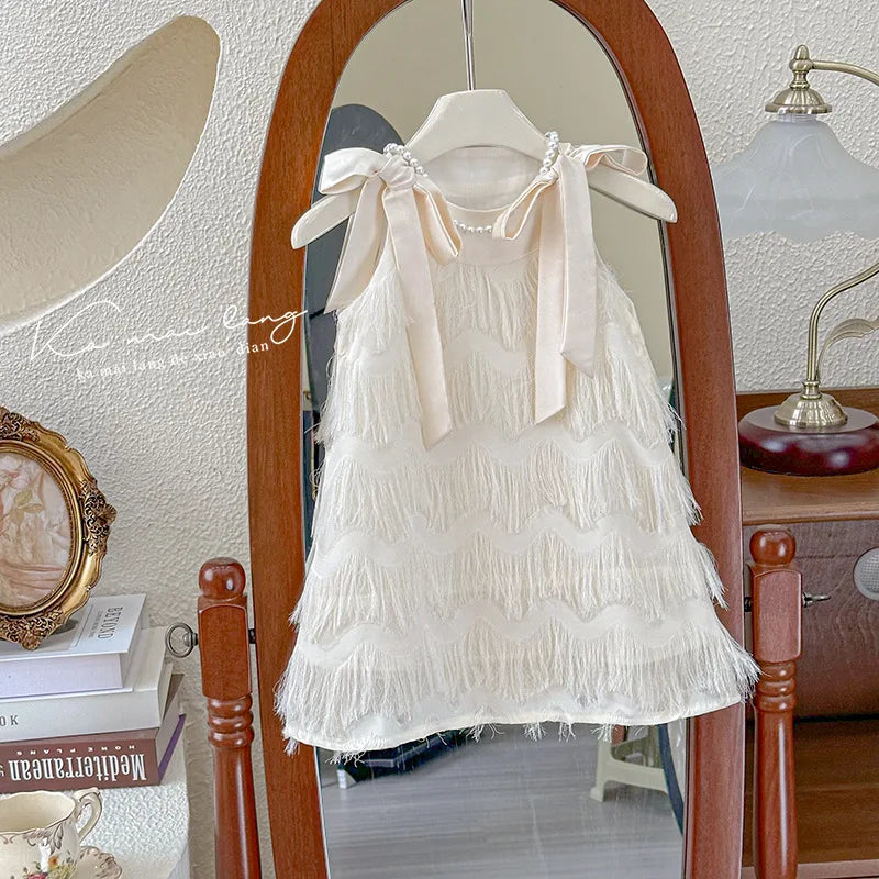 Vestido Infantil Princesa com Franjas - Branco Casual