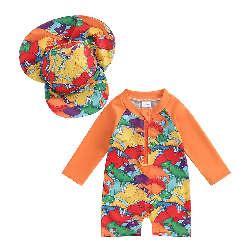Maiô Infantil Estampado com Touca - Tartaruga/Dinossauro