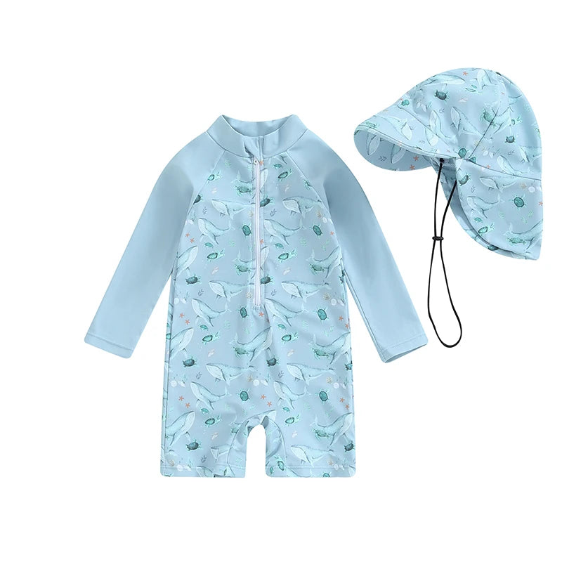 Maiô Infantil Estampado com Touca - Tartaruga/Dinossauro