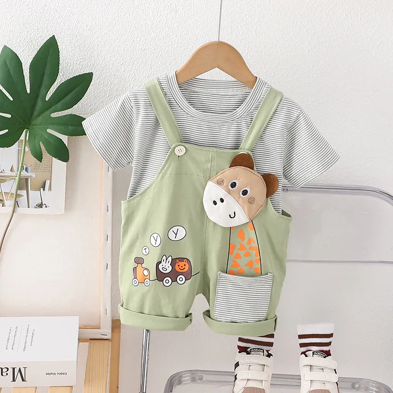 Conjunto Infantil Verão - Camiseta Listrada e Jardineira (2 Peças)