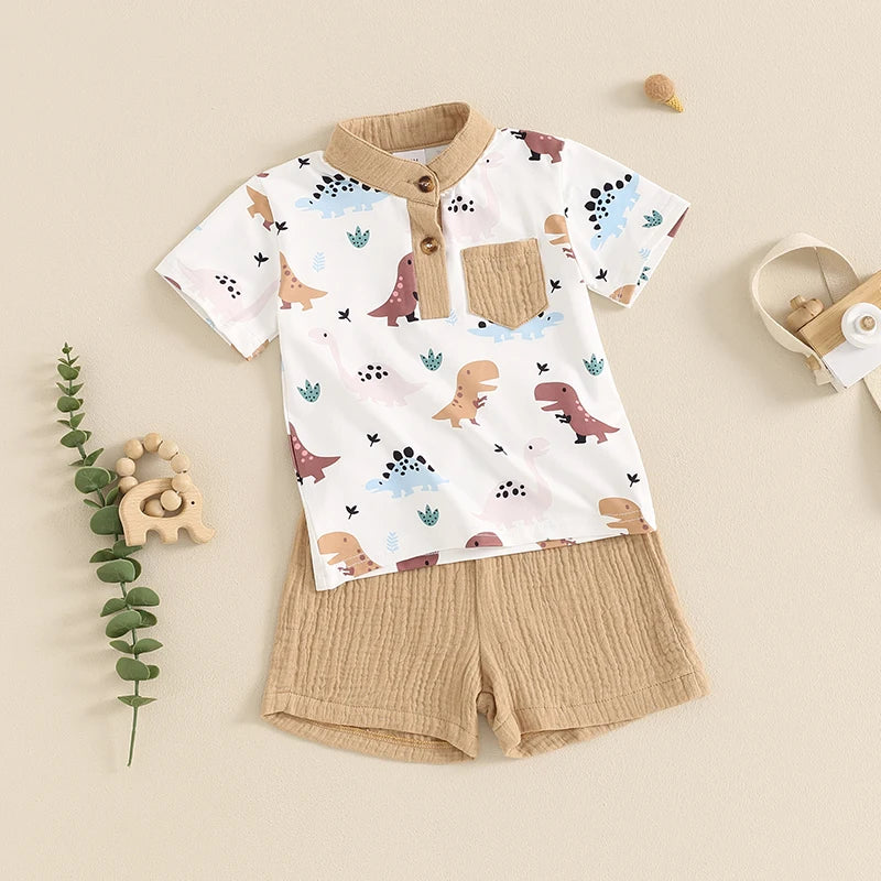 Conjunto Bebê Menino - Camiseta com Gola Padre e Estampa de Dinossauro com Shorts