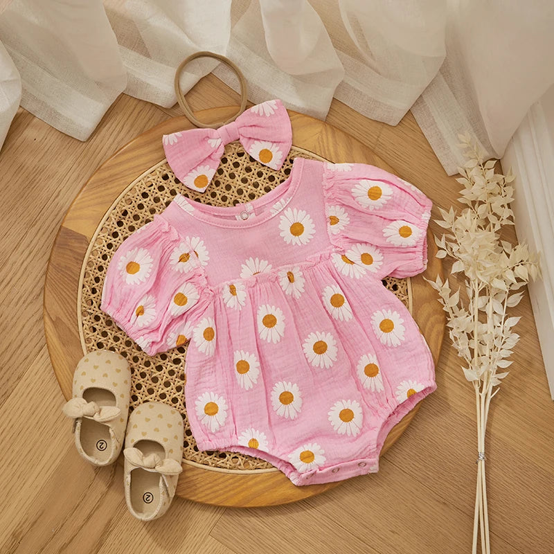 Body Bebê Menina - Estampa Margarida com Faixa de Cabelo