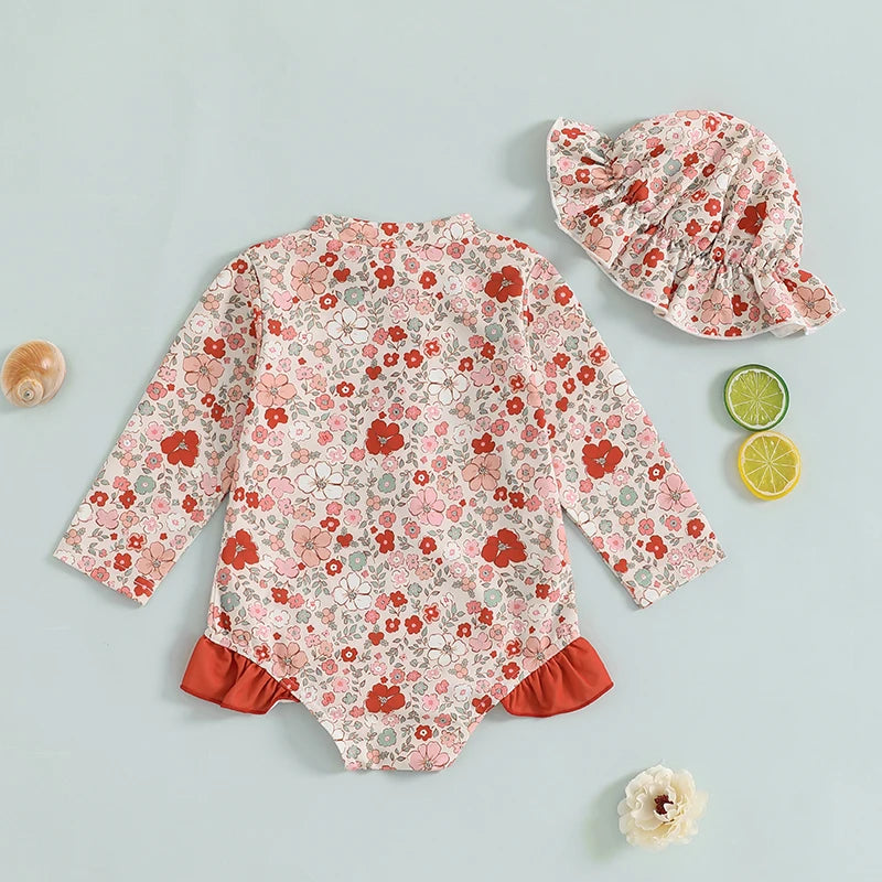 Maiô Infantil Feminino Floral com Proteção UV e Babados