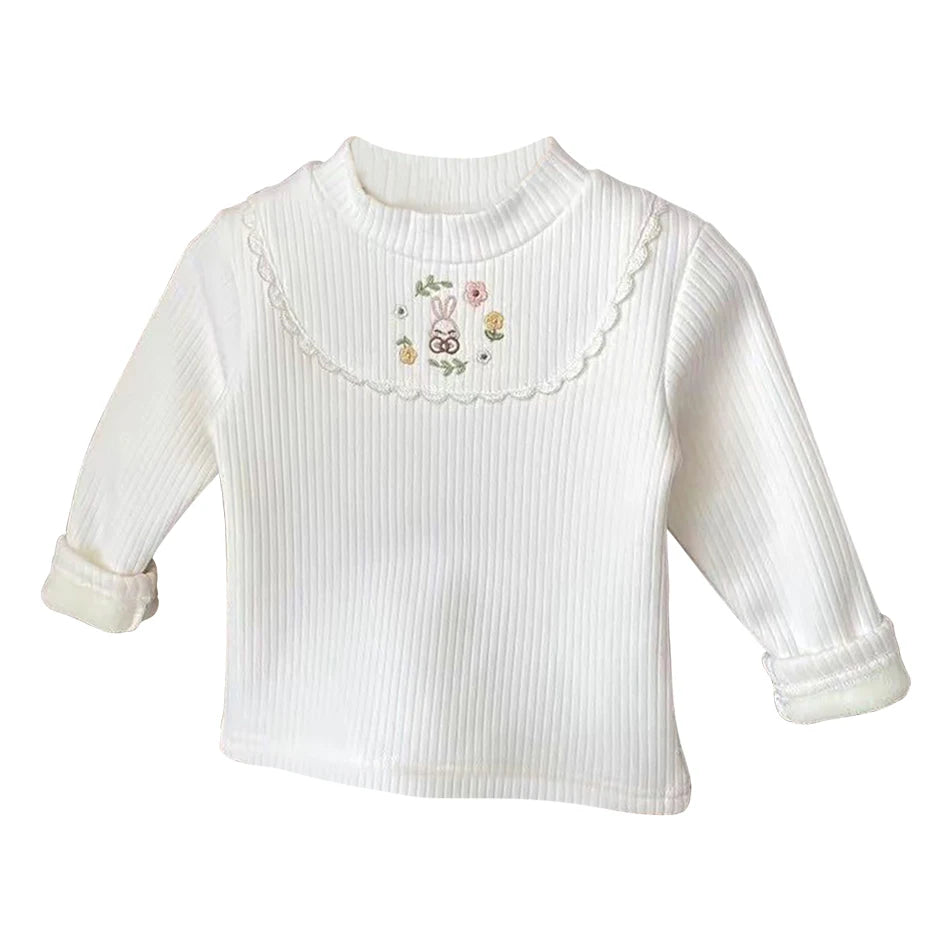 Blusa Infantil de Manga Longa em Veludo - Gola Alta com Bordado Cartoon