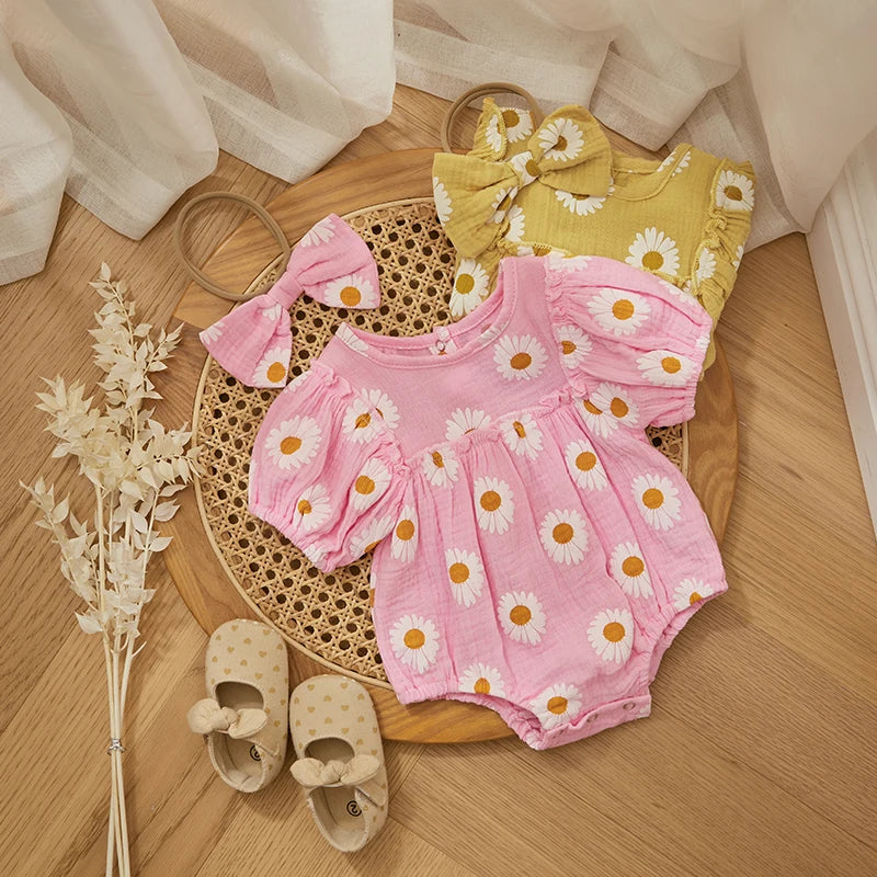 Body Bebê Menina - Estampa Margarida com Faixa de Cabelo