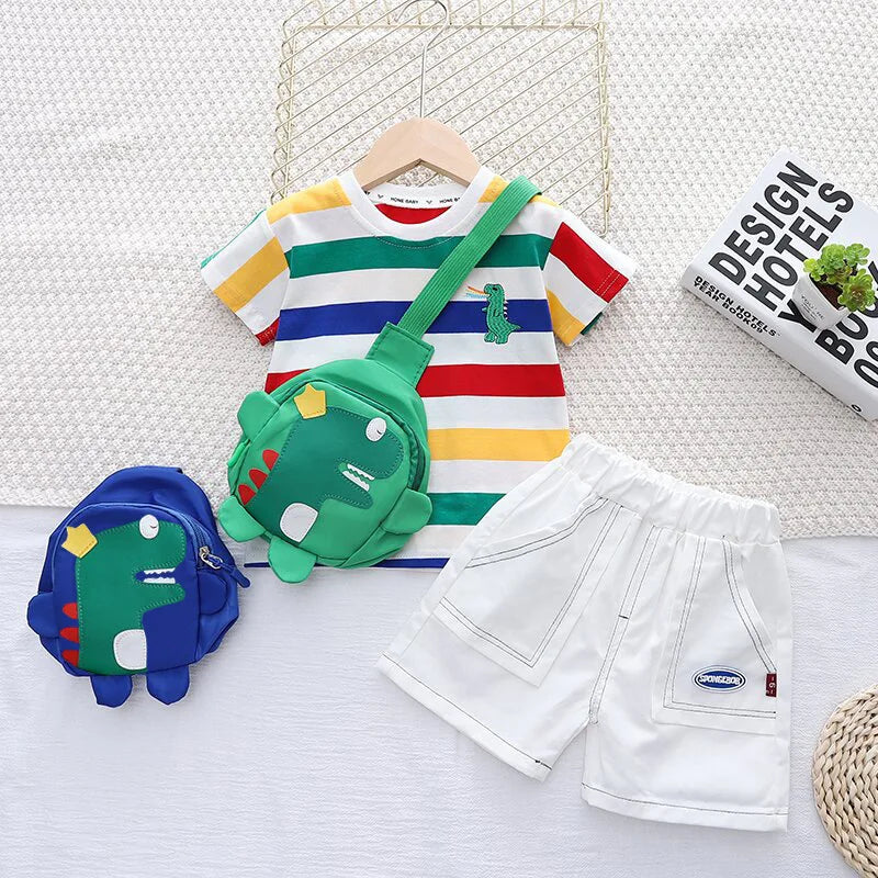 Conjunto Infantil Listrado com Mochilinha de Dinossauro