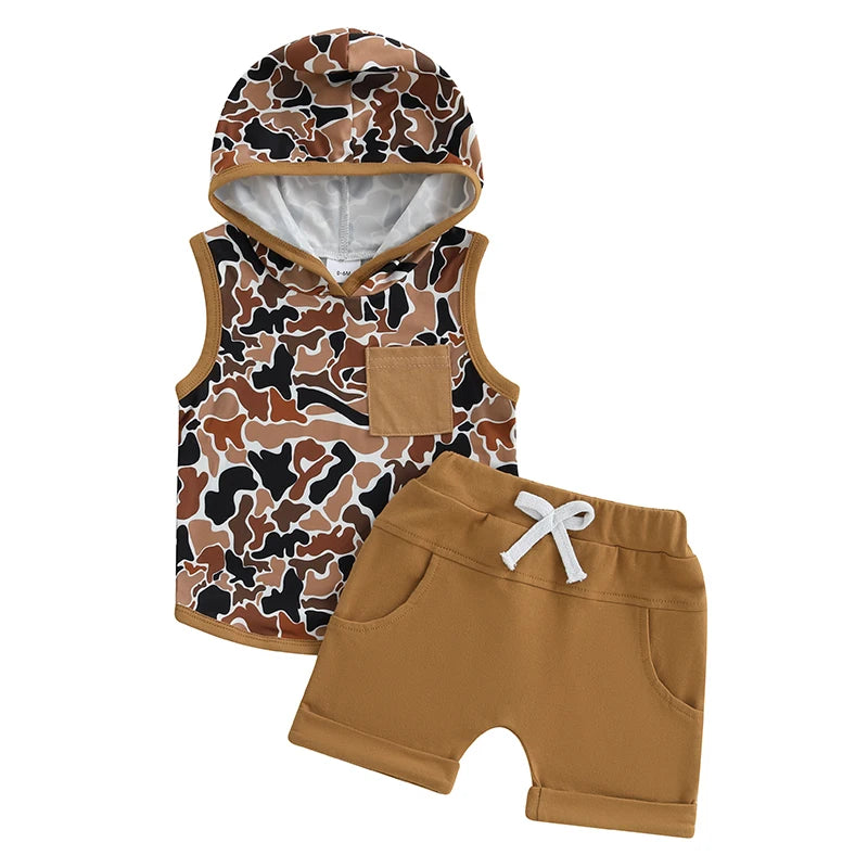 Conjunto Infantil Menino - Regata Camuflada com Capuz e Shorts com Cós Elástico
