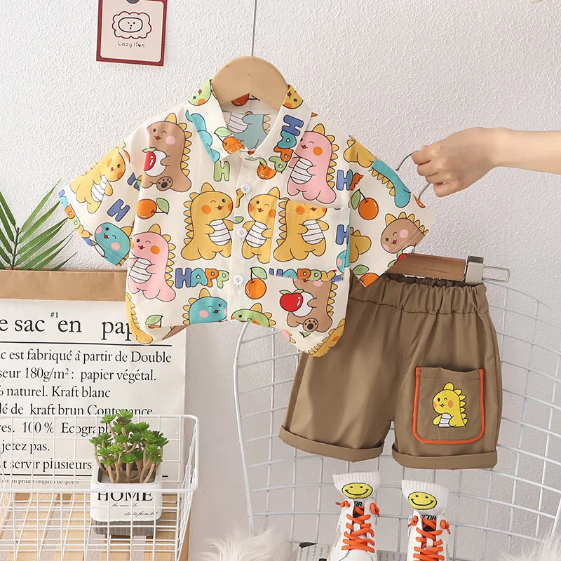 Conjunto Infantil Verão - Camisa Estampada Bebês Dinossauros e Shorts Casuais (2 Peças)