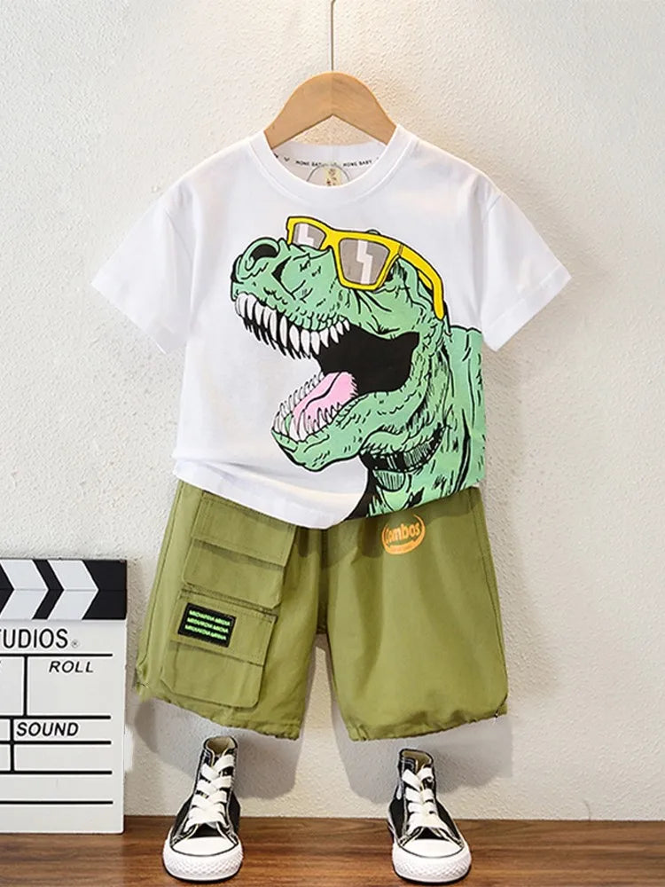 Conjunto Bebê Menino - Camiseta Algodão Estampa Dinossauro e Shorts (2 Peças)