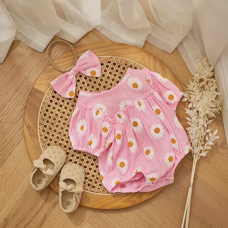 Body Bebê Menina - Estampa Margarida com Faixa de Cabelo