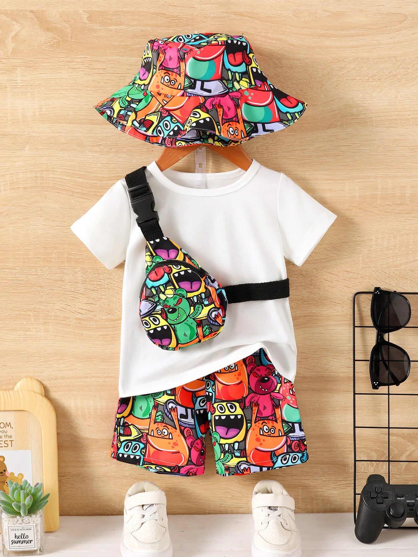 Conjunto infantil de verão com estampa divertida. Inclui camiseta, shorts, chapéu e bolsa. Conforto e estilo para seu pequeno.