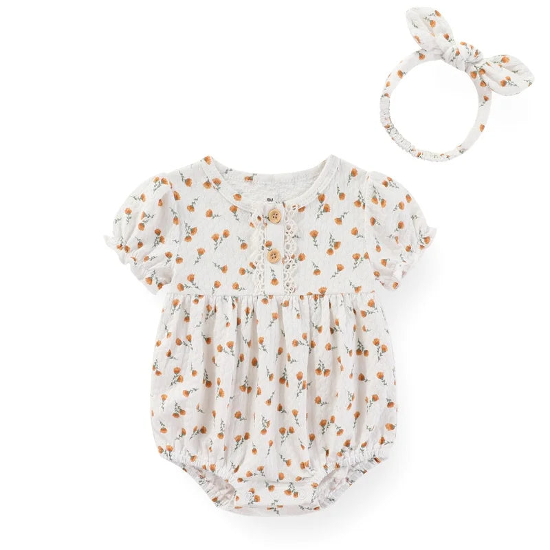 Bodysuit Algodão Manga Curta com Headband para Bebê Menina