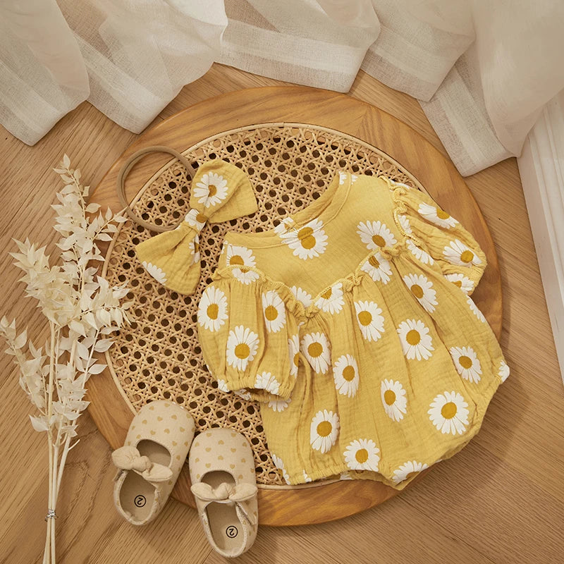 Body Bebê Menina - Estampa Margarida com Faixa de Cabelo