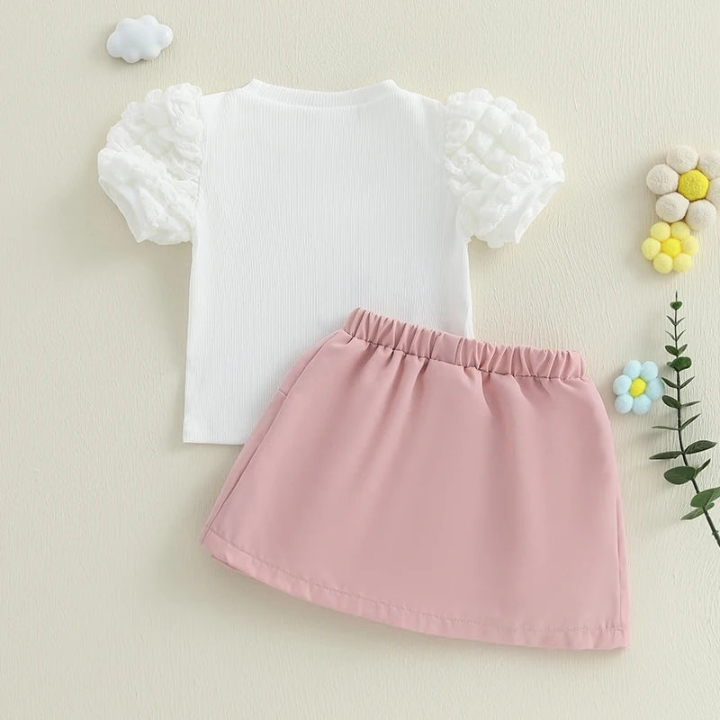 Conjunto Infantil Menina - Blusa Manga Bufante e Saia A-Line com Flores Crochê