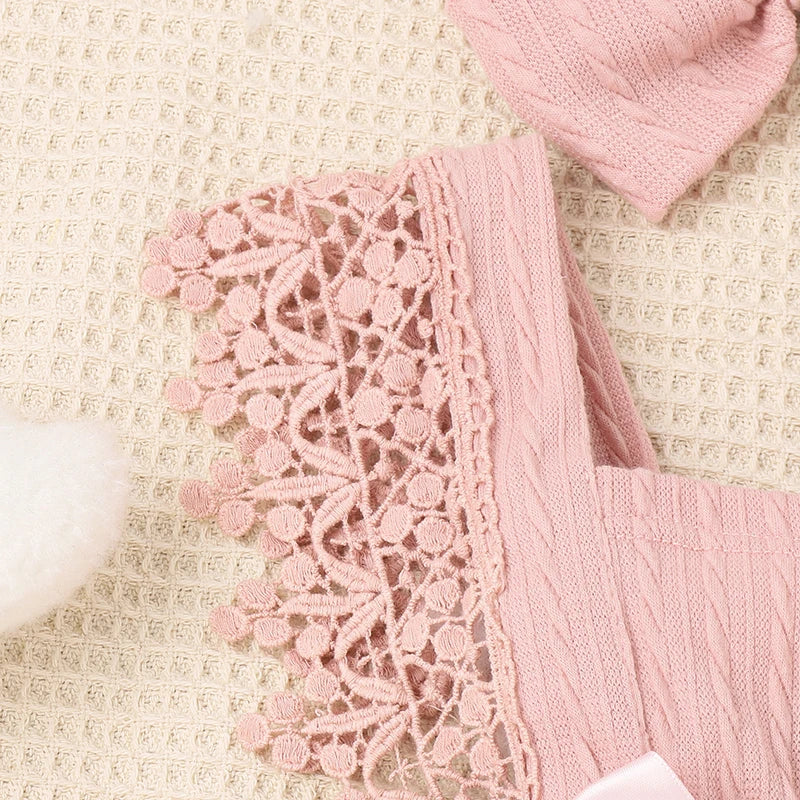 Conjunto Bebê Menina - Body Rendado com Laço e Faixa de Cabelo