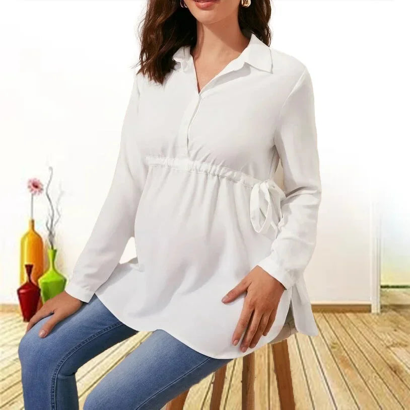 Blusa Elegante de Maternidade Manga Longa Branca