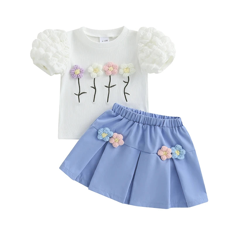 Conjunto Infantil Menina - Blusa Manga Bufante e Saia A-Line com Flores Crochê