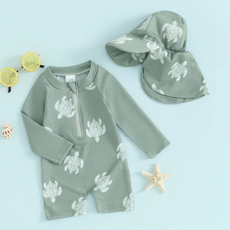 Maiô Infantil Estampado com Touca - Tartaruga/Dinossauro