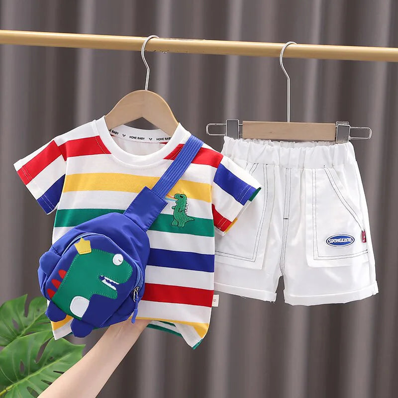 Conjunto Infantil Listrado com Mochilinha de Dinossauro