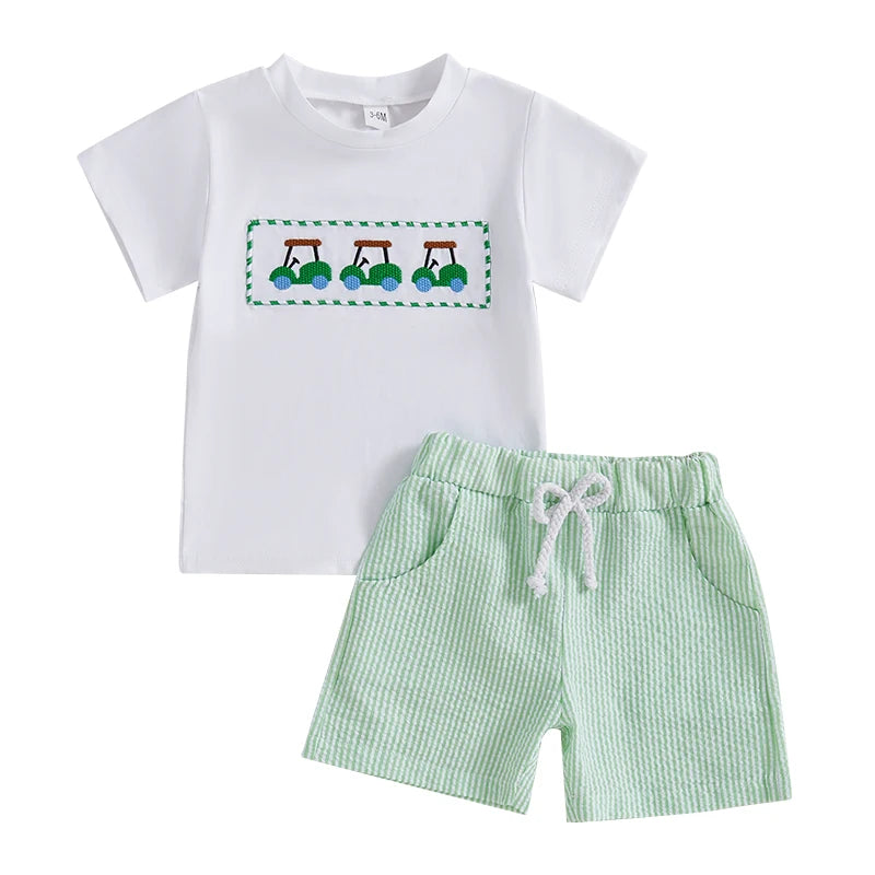 Conjunto Bebê Menino - Camiseta Bordado Trator e Shorts Xadrez (2 Peças)