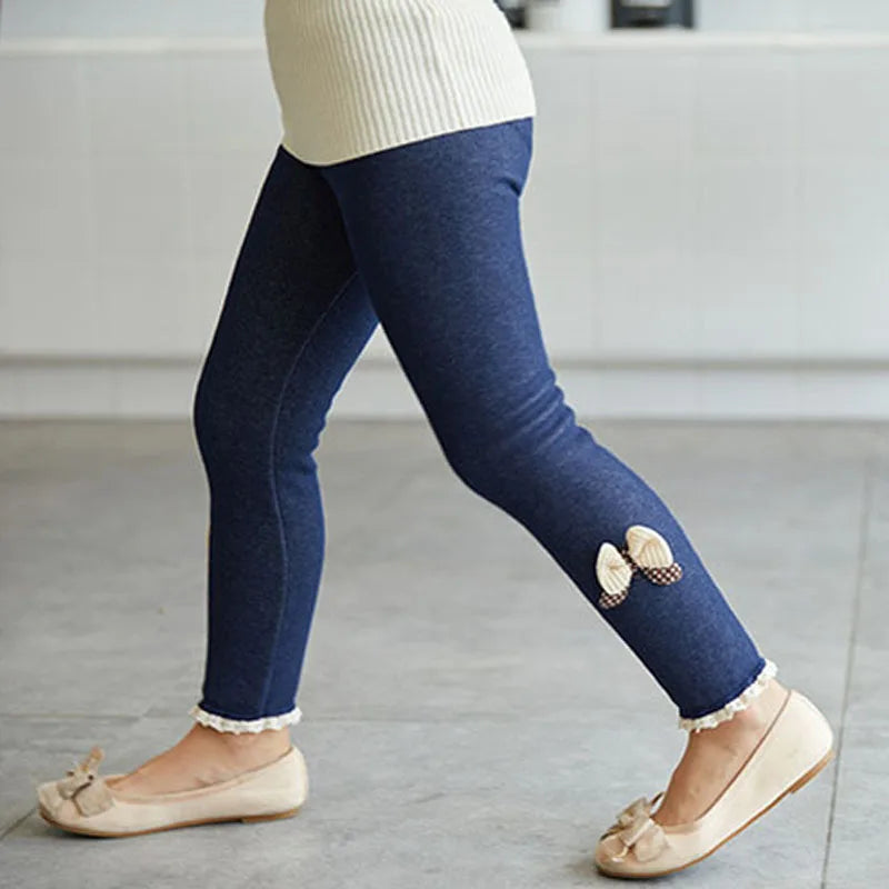 Calça Legging Infantil Grossa para Inverno - Jeans com Laço para Meninas