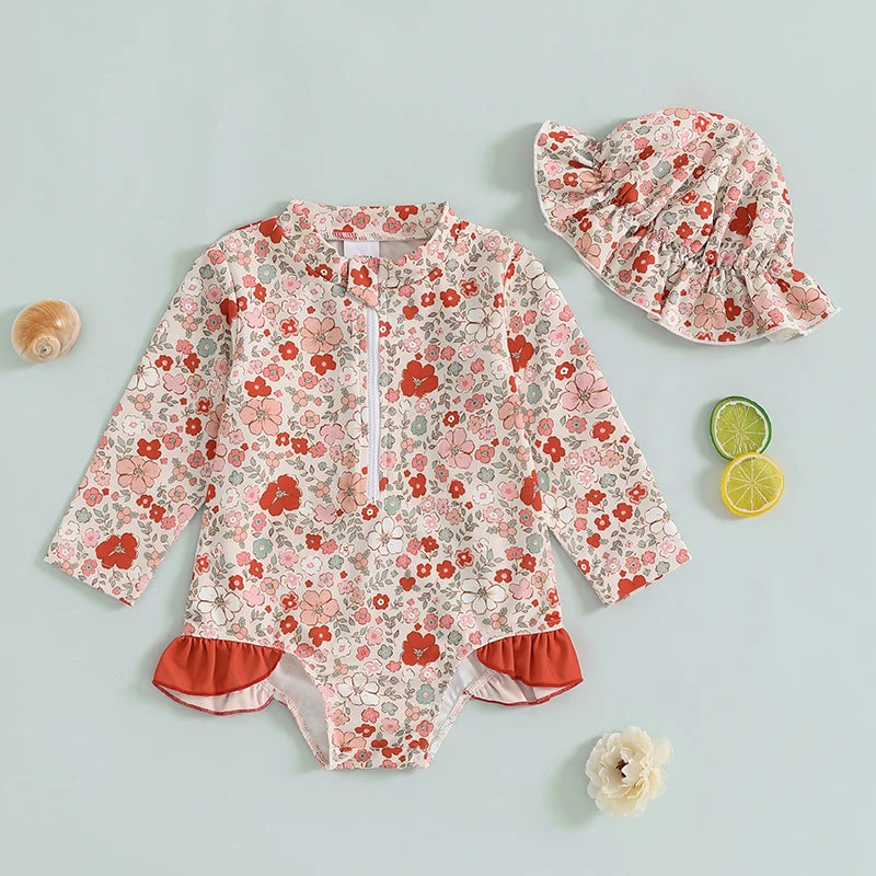 Maiô Infantil Feminino Floral com Proteção UV e Babados