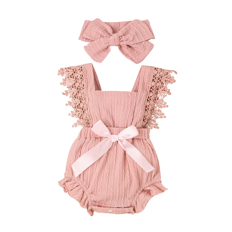 Conjunto Bebê Menina - Body Rendado com Laço e Faixa de Cabelo