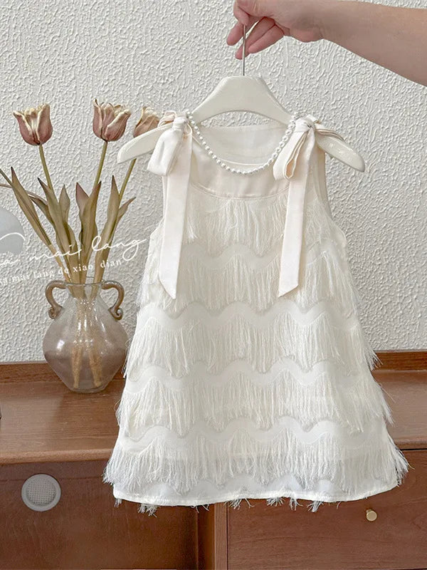 Vestido Infantil Princesa com Franjas - Branco Casual