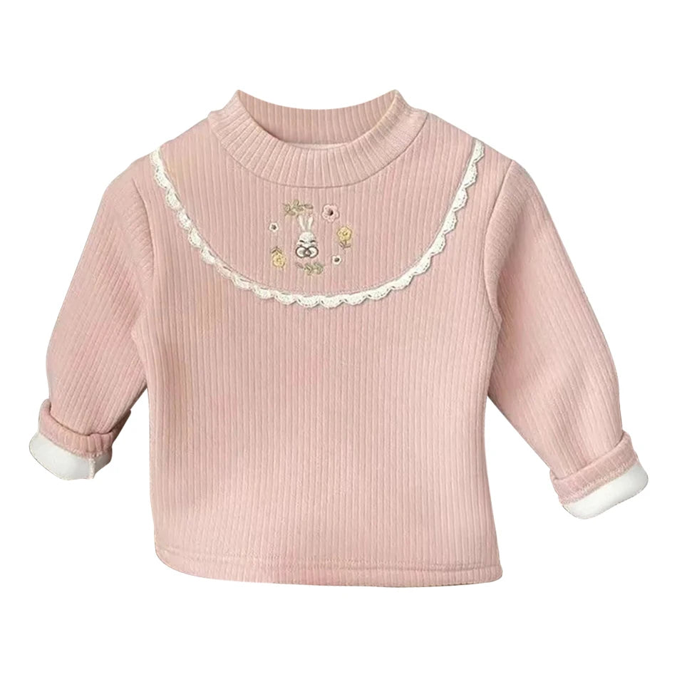 Blusa Infantil de Manga Longa em Veludo - Gola Alta com Bordado Cartoon