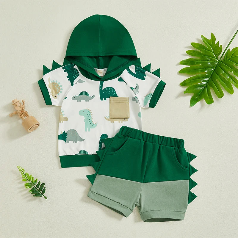 Conjunto Bebê Menino - Camiseta com Capuz Estampa Dinossauro e Shorts (2 Peças)