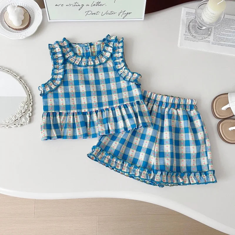 Conjunto Infantil Feminino Verão 3 Peças Xadrez