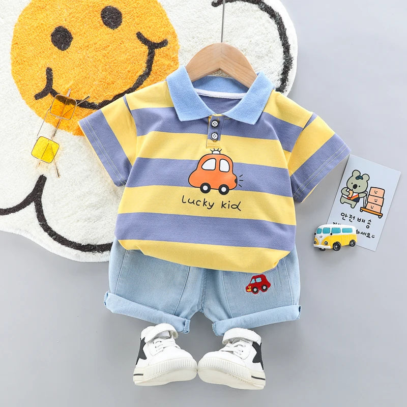 Conjunto Infantil - Polo Carrinho e Shorts Jeans - 2 Peças