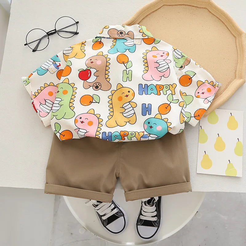 Conjunto Infantil Verão - Camisa Estampada Bebês Dinossauros e Shorts Casuais (2 Peças)