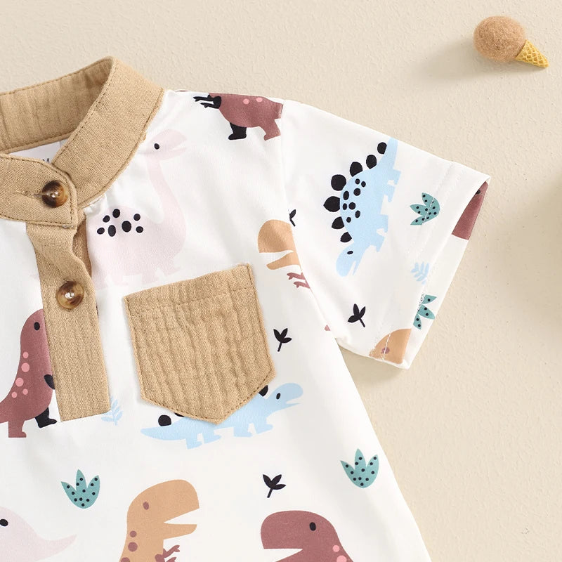 Conjunto Bebê Menino - Camiseta com Gola Padre e Estampa de Dinossauro com Shorts